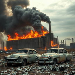 A large, abandoned factory engulfed in flames, with thick, dark smoke billowing into the sky