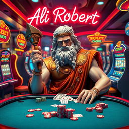 The Greek god of thunder, Zeus, engaging in a game of chance within a bustling gambling environment
