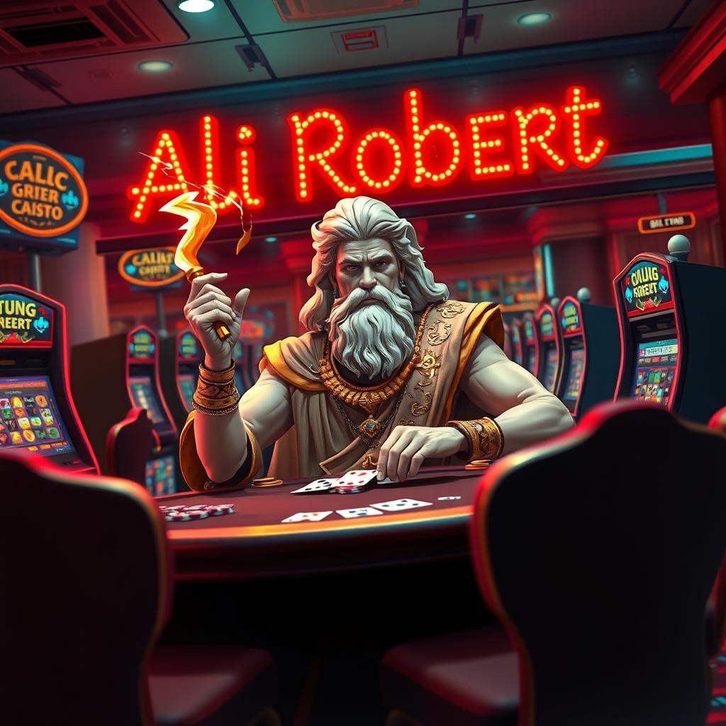 The Greek god of thunder, Zeus, engaging in a game of chance within a bustling gambling environment