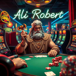 The Greek god of thunder, Zeus, engaging in a game of chance within a bustling gambling environment