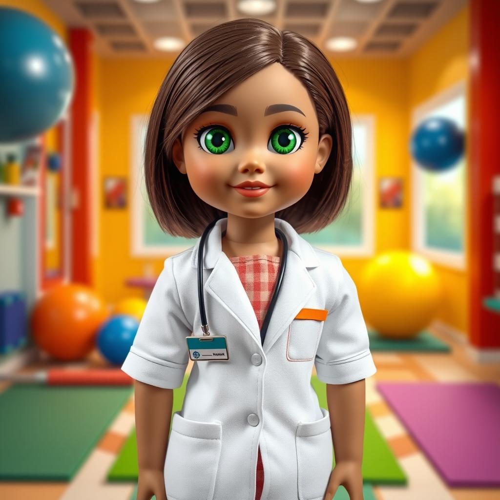 A Jo Ghandi-inspired girl doll featuring straight brown hair and vibrant green eyes, reflecting the Turkmen race