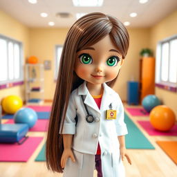 A Jo Ghandi-inspired girl doll featuring straight brown hair and vibrant green eyes, reflecting the Turkmen race