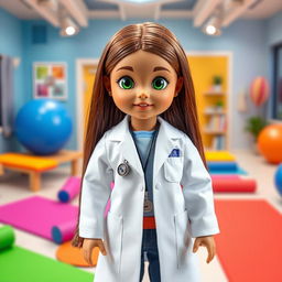 A Jo Ghandi-inspired girl doll featuring straight brown hair and vibrant green eyes, reflecting the Turkmen race