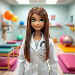 A Jo Ghandi-inspired girl doll featuring straight brown hair and vibrant green eyes, reflecting the Turkmen race