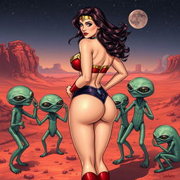 A beautiful superheroine inspired by Wonder Woman, wearing a strapless bikini that highlights her curvy figure, including a prominent backside