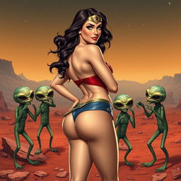 A beautiful superheroine inspired by Wonder Woman, wearing a strapless bikini that highlights her curvy figure, including a prominent backside