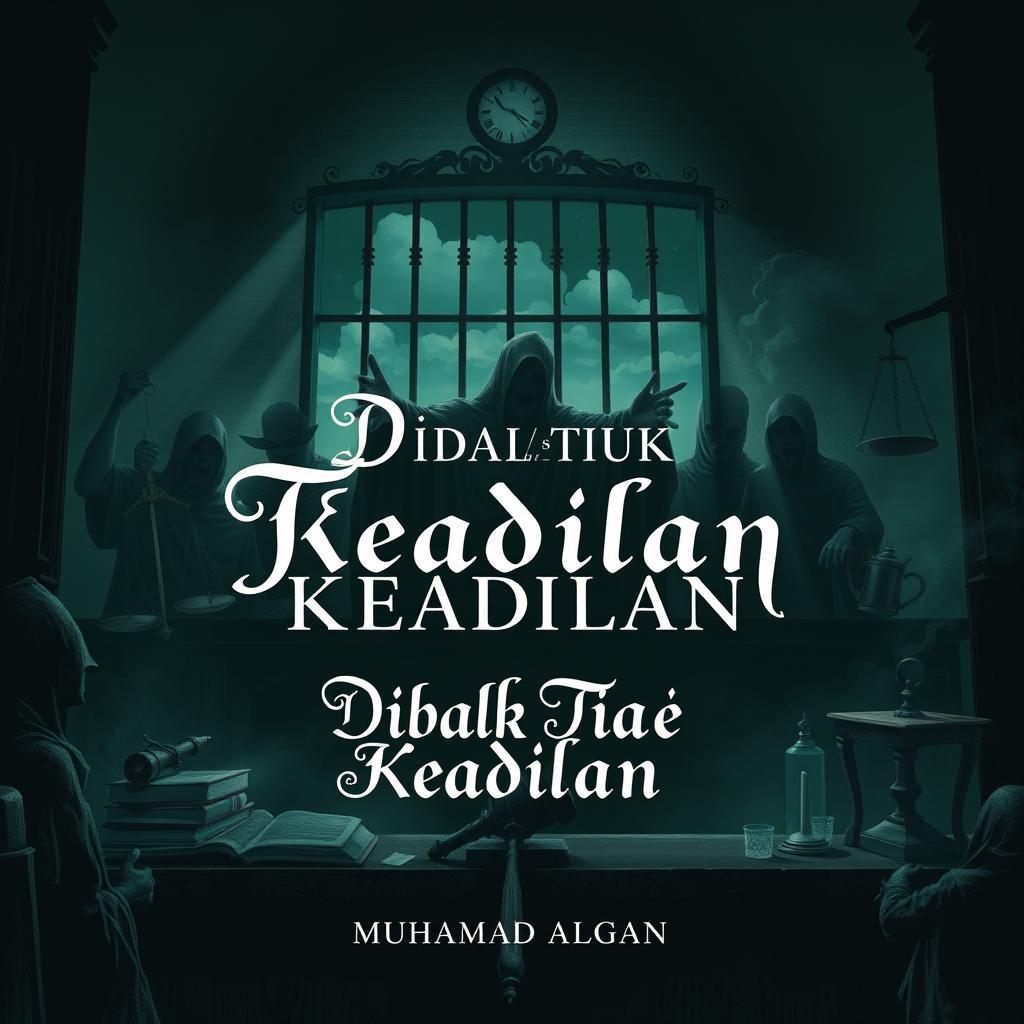 A dark and intricate illustration for a legal-themed novel titled 'Dibalik Tirai Keadilan' by 'Muhamad Algan'