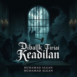 A dark and intricate illustration for a legal-themed novel titled 'Dibalik Tirai Keadilan' by 'Muhamad Algan'