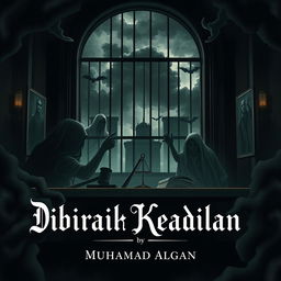 A dark and intricate illustration for a legal-themed novel titled 'Dibalik Tirai Keadilan' by 'Muhamad Algan'
