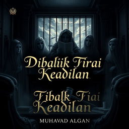 A dark and intricate illustration for a legal-themed novel titled 'Dibalik Tirai Keadilan' by 'Muhamad Algan'