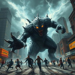 A terrifying monster attacking a city, showcasing chaos and destruction