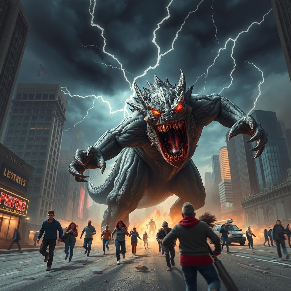 A terrifying monster attacking a city, showcasing chaos and destruction