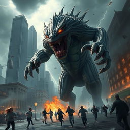 A terrifying monster attacking a city, showcasing chaos and destruction