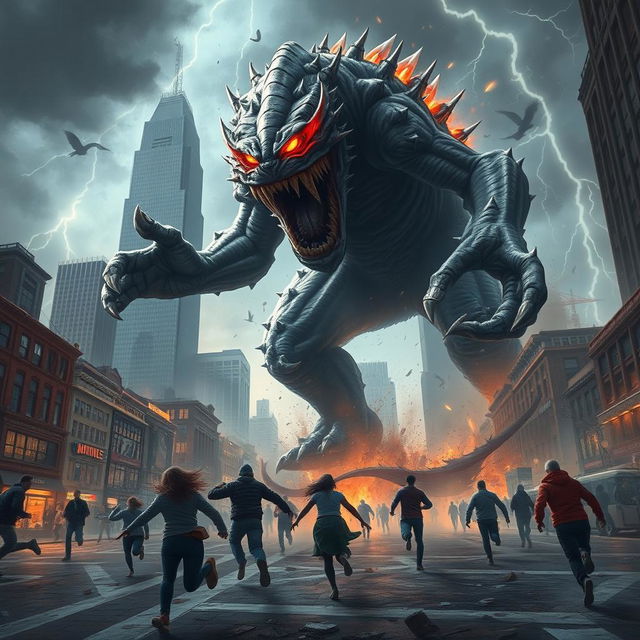 A terrifying monster attacking a city, showcasing chaos and destruction