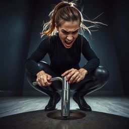 A close-up shot from an extreme low-angle perspective, capturing a sweating, angry fit woman with a ponytail, dressed in a black turtleneck and shiny black leggings, squatting deeply to the floor in a dark room at night