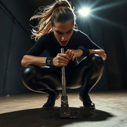 A close-up shot from an extreme low-angle perspective, capturing a sweating, angry fit woman with a ponytail, dressed in a black turtleneck and shiny black leggings, squatting deeply to the floor in a dark room at night