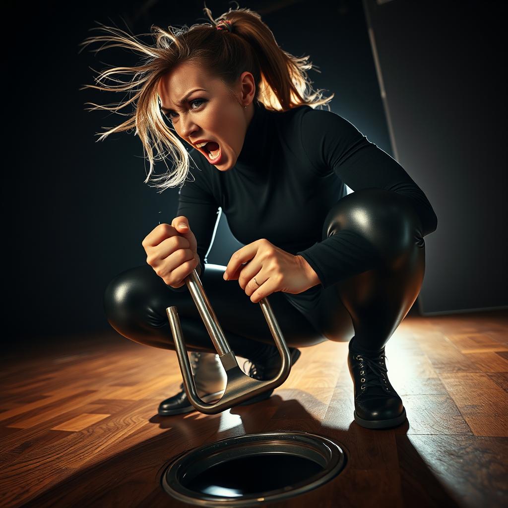 A close-up shot from an extreme low-angle perspective, capturing a sweating, angry fit woman with a ponytail, dressed in a black turtleneck and shiny black leggings, squatting deeply to the floor in a dark room at night