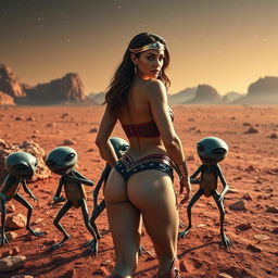 A beautiful superheroine inspired by Wonder Woman, wearing a strapless bikini that accentuates her curvaceous figure, including a prominent backside