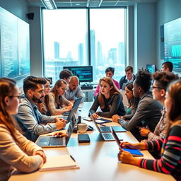 A modern IT education scene in a tech classroom, filled with diverse students attentively engaging with advanced computer equipment