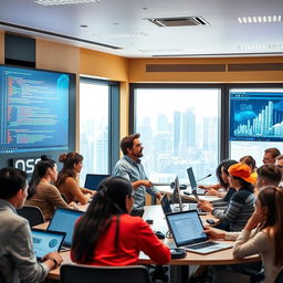 A modern IT education scene in a tech classroom, filled with diverse students attentively engaging with advanced computer equipment