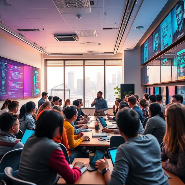 A modern IT education scene in a tech classroom, filled with diverse students attentively engaging with advanced computer equipment