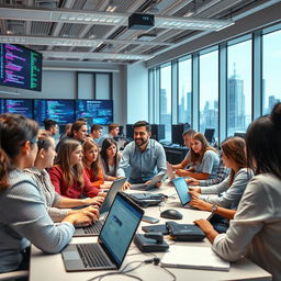 A modern IT education scene in a tech classroom, filled with diverse students attentively engaging with advanced computer equipment