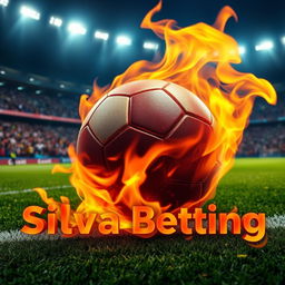 A dramatic football on a vibrant pitch, engulfed in flames that accentuate its intense energy