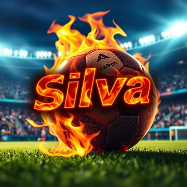 A dramatic football on a vibrant pitch, engulfed in flames that accentuate its intense energy