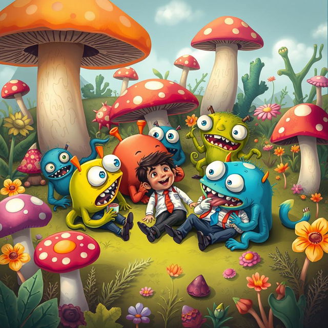 A whimsical and imaginative scene depicting several small, cartoonish monsters playfully eating tiny men