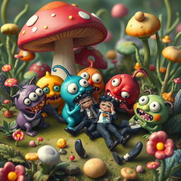 A whimsical and imaginative scene depicting several small, cartoonish monsters playfully eating tiny men