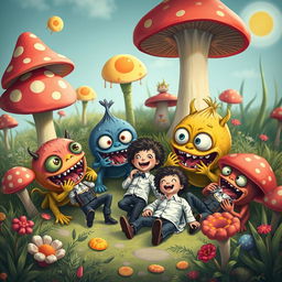 A whimsical and imaginative scene depicting several small, cartoonish monsters playfully eating tiny men