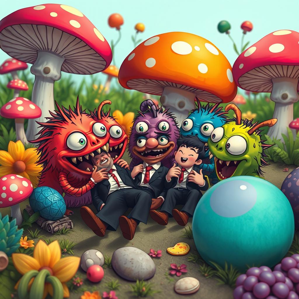 A whimsical and imaginative scene depicting several small, cartoonish monsters playfully eating tiny men