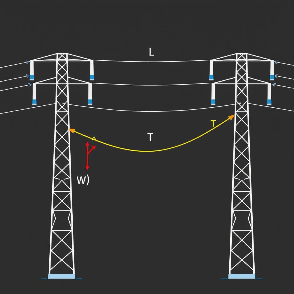 An annotated diagram of a sagging conductor in a transmission line for an academic presentation in a Bachelor of Science in Electrical and Electronics Engineering (EEE)