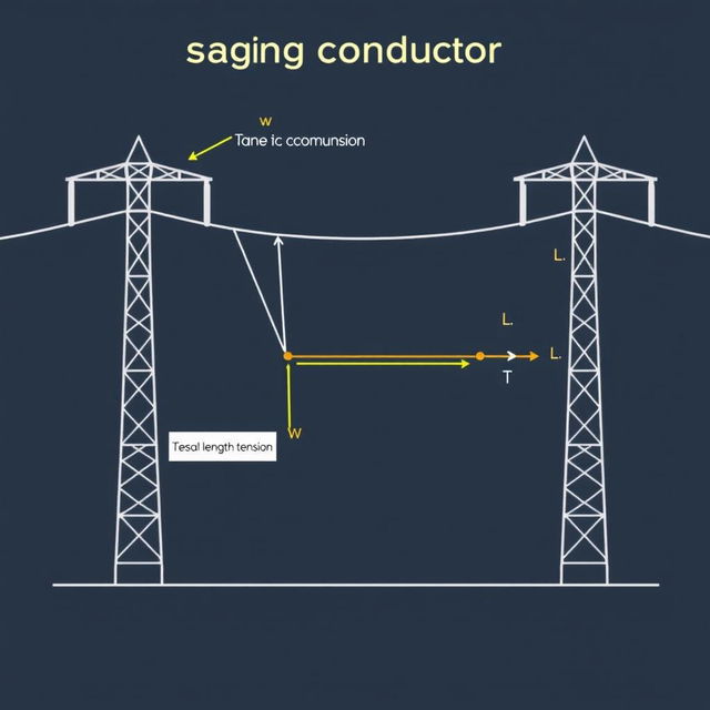 An annotated diagram of a sagging conductor in a transmission line for an academic presentation in a Bachelor of Science in Electrical and Electronics Engineering (EEE)