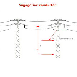 An annotated diagram of a sagging conductor in a transmission line for an academic presentation in a Bachelor of Science in Electrical and Electronics Engineering (EEE)