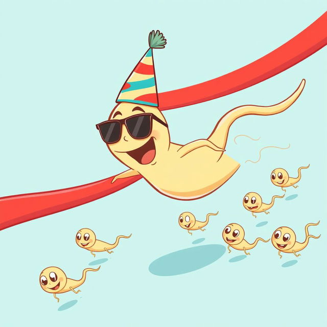 A whimsical cartoon depicting sperm cells swimming energetically towards a thick red line