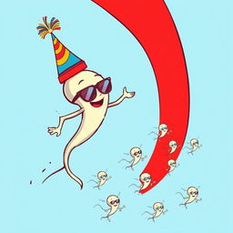 A whimsical cartoon depicting sperm cells swimming energetically towards a thick red line