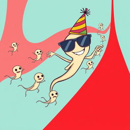 A whimsical cartoon depicting sperm cells swimming energetically towards a thick red line