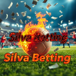 A thrilling football scene on a vibrant pitch, featuring a football engulfed in flames, symbolizing passion and intensity