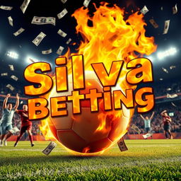A thrilling football scene on a vibrant pitch, featuring a football engulfed in flames, symbolizing passion and intensity