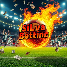 A thrilling football scene on a vibrant pitch, featuring a football engulfed in flames, symbolizing passion and intensity