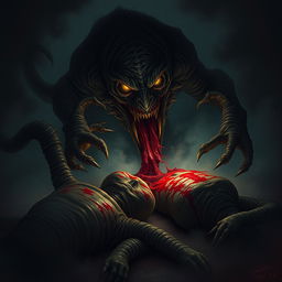 A terrifying monster ravenously devouring corpses in a dark, eerie setting