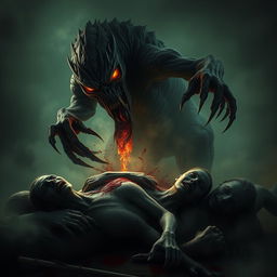 A terrifying monster ravenously devouring corpses in a dark, eerie setting