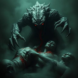 A terrifying monster ravenously devouring corpses in a dark, eerie setting