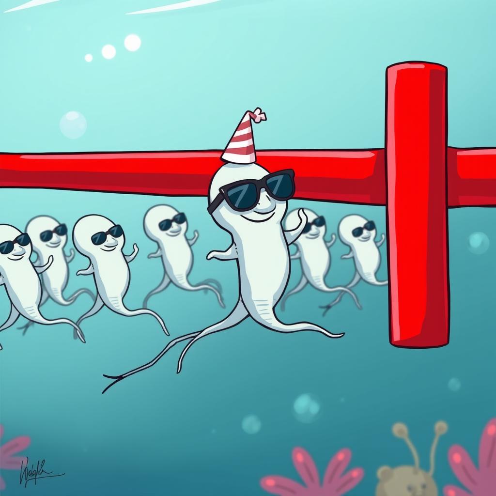 A humorous cartoon depicting sperm cells swimming towards a red line