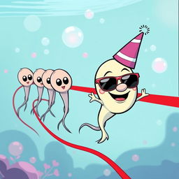 A humorous cartoon depicting sperm cells swimming towards a red line