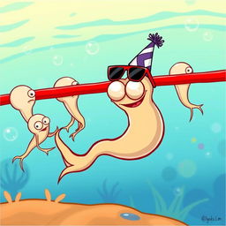A humorous cartoon depicting sperm cells swimming towards a red line