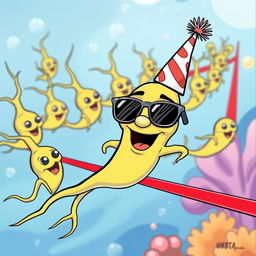 A humorous cartoon depicting sperm cells swimming towards a red line