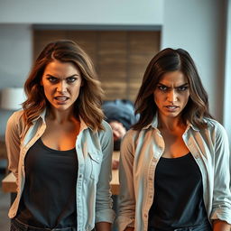 Two angry women standing prominently in front of a man who is laying on a table behind them, slightly out of focus