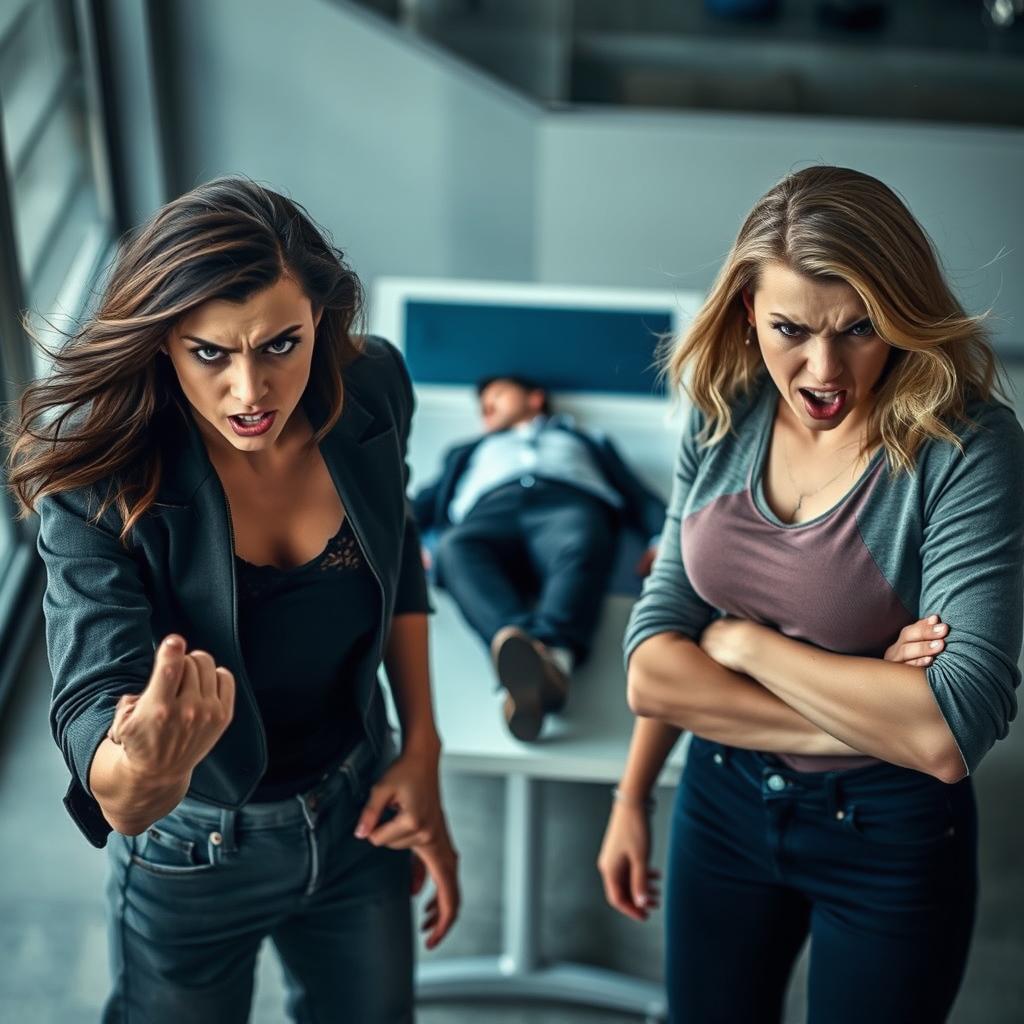 Two angry women standing prominently in front of a man who is laying on a table behind them, slightly out of focus
